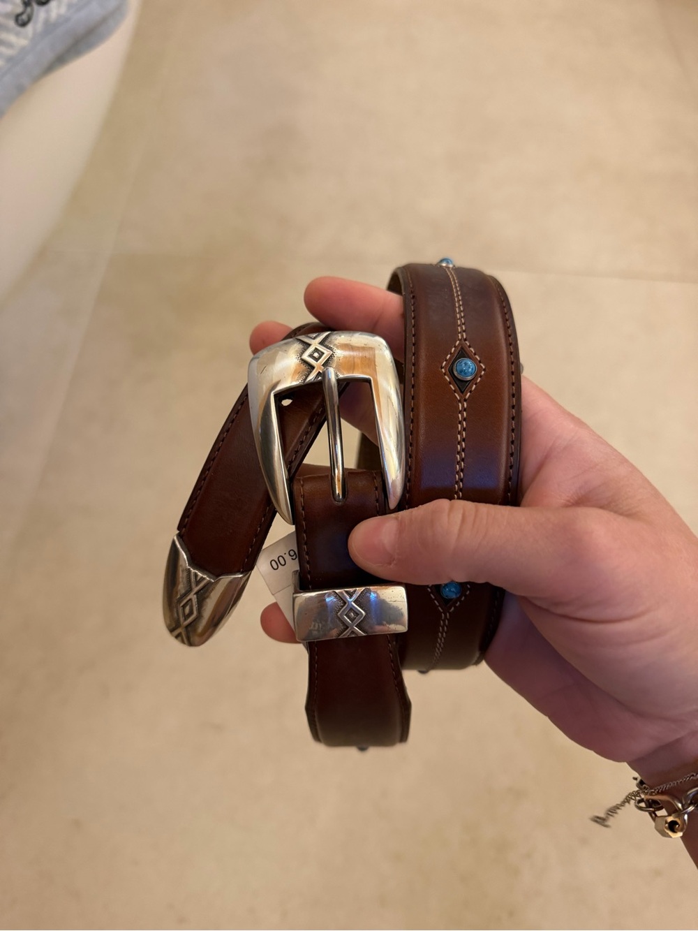 Brown Leather Belt with Silver Buckle & Turquoise Accents